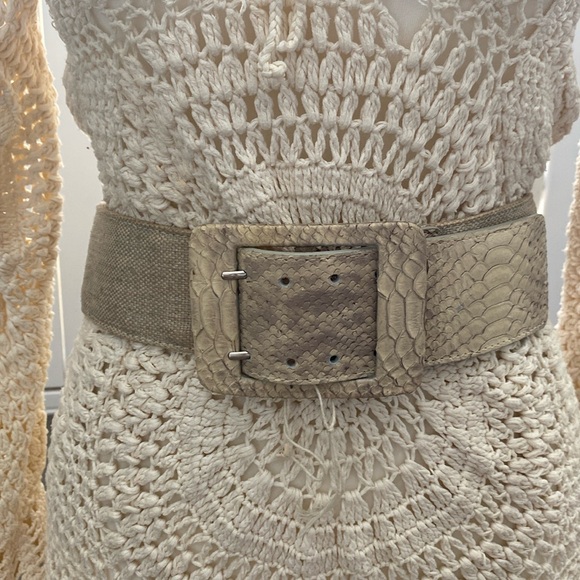 Vintage Metallic canvas snakeskin leather bone nude wide Waist Statement Belt - Picture 1 of 10